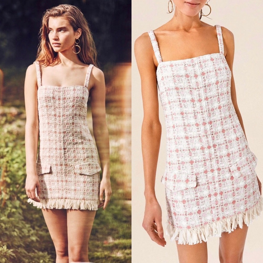 ALEXIS 90s Plaid Tweed Square Neck Sleeveless Fringe Hem Mini Dress‎ Medium - Picture 5 of 6